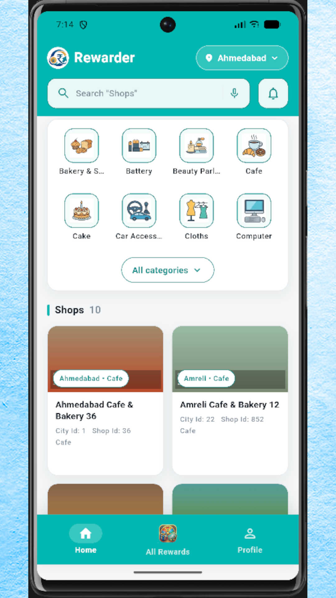 Rewarder home screen showing shop categories and nearby shops
