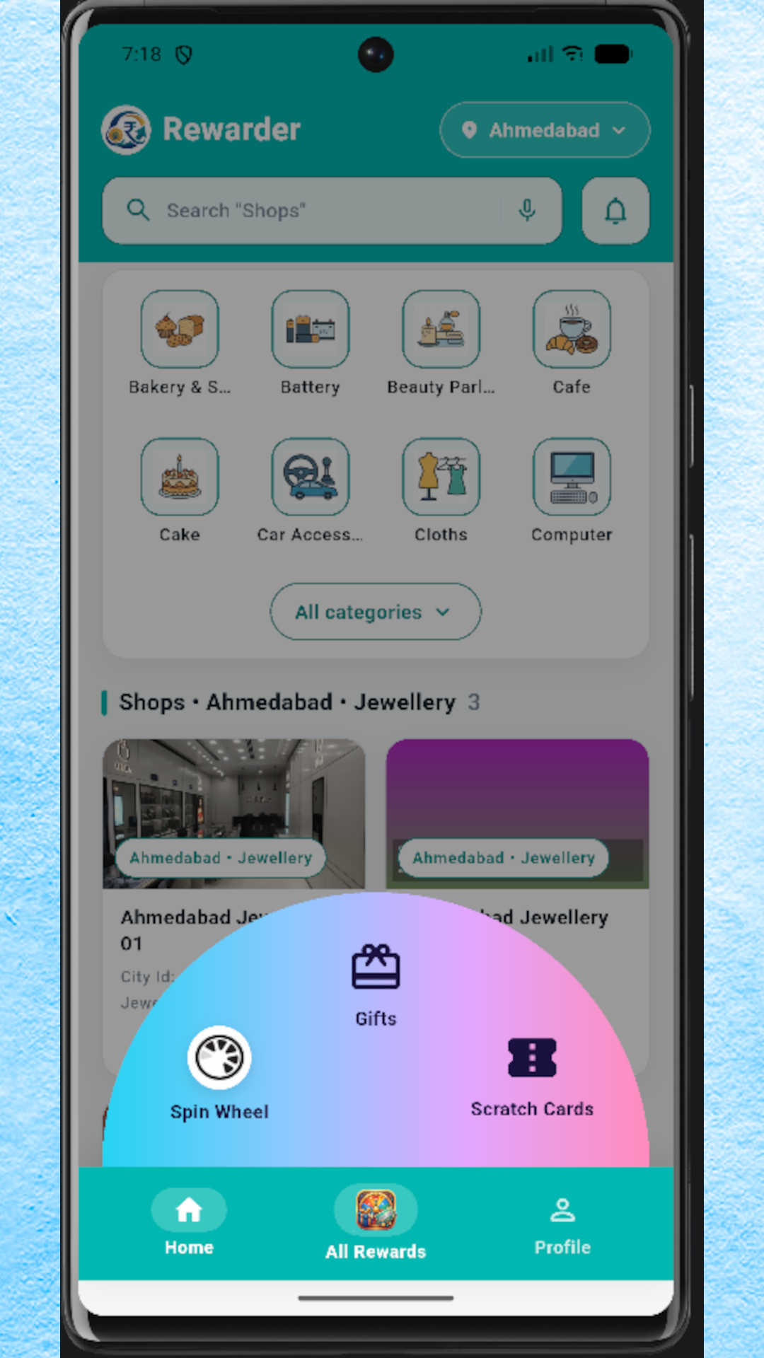 Rewarder All Rewards screen with spin wheel, gifts and scratch cards